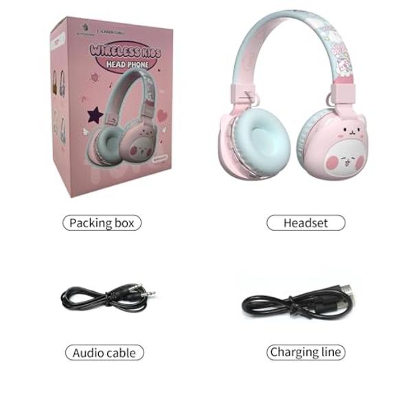YLFASHION Kids Bluetooth Headphones, Child Wireless Cartoon Headphones, Over Ear Headphones Built-in Mic for Children/School/iPad/Tablet/Airplane (Pink)