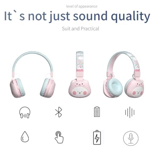 YLFASHION Kids Bluetooth Headphones, Child Wireless Cartoon Headphones, Over Ear Headphones Built-in Mic for Children/School/iPad/Tablet/Airplane (Pink)