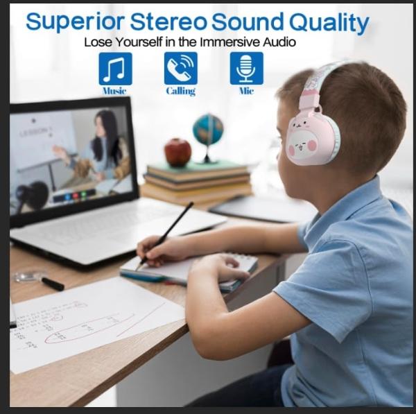 YLFASHION Kids Bluetooth Headphones, Child Wireless Cartoon Headphones, Over Ear Headphones Built-in Mic for Children/School/iPad/Tablet/Airplane (Pink)