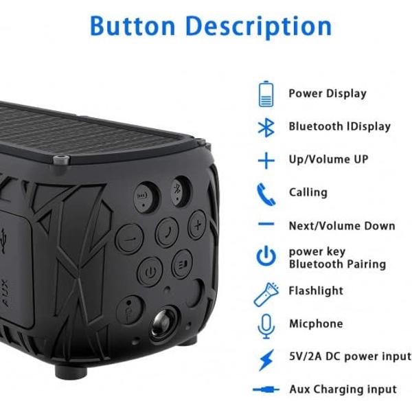 ABFOCE Solar Bluetooth Speaker, Portable Outdoor Speaker with 5000mAh Power Bank,60 Hours Play Time with Mic Stereo Sound Home Wireless Speaker-Black