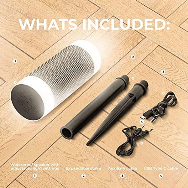 iJoy Wireless Speaker with 10 Hour Playtime - IP66 Waterproof, Dustproof, Weatherproof Light Up Bluetooth Tiki Speaker with LED Lights + Adjustable Stake Height for Use As Wireless
