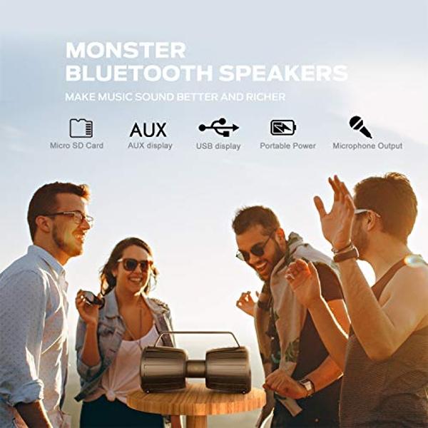 Monster Adventurer Force Bluetooth Speaker IPX7 Waterproof Speaker 5.0 with Microphone Input, 80W Portable Bluetooth Speakers with 40H Playtime for Indoor Outdoor Party, Black