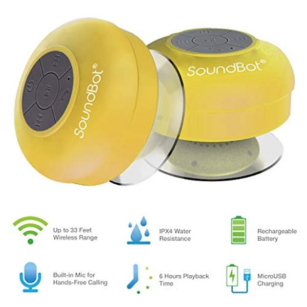 Soundbot SB510 HD Bluetooth, USB, Infrared Shower Speaker, Water Resistant Handsfree Portable Speakerphone with Built-in Mic, 6hrs of Playtime, Control Buttons and Dedicated Suctio