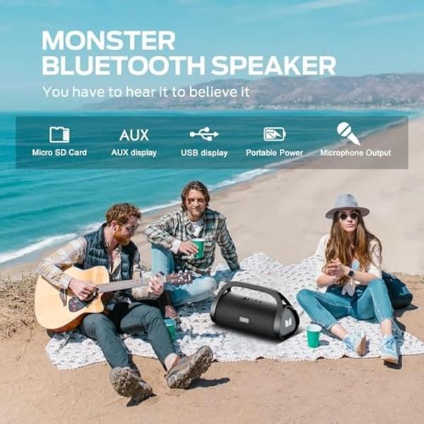 Monster Adventurer Max Boombox Bluetooth Speaker, IPX7 Waterproof Outdoor Speakers with Double Subwoofer, 100W Stereo Sound and Rich Bass, Wireless Speakers for Home, Party, Beach