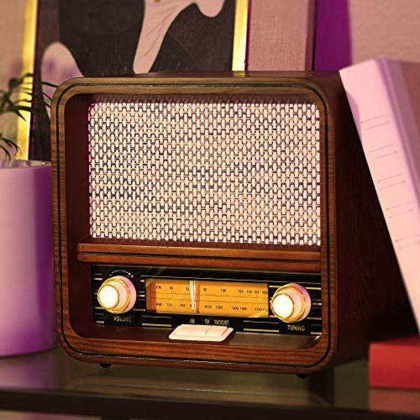 Fuse RAD-V1 Vintage Wood Retro Radio | AM/FM Radio Speaker with Bluetooth & AUX Input | Mid Century Modern Style | Real Handcrafted Ashtree Wood Exterior