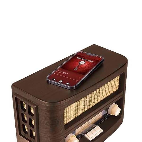 Fuse Vint Vintage Wood Retro Radio | Wireless Charging Pad | AM/FM Radio Speaker with Bluetooth & AUX Input | Mid Century Modern Style | Real Handcrafted Ashtree Wood Exterior