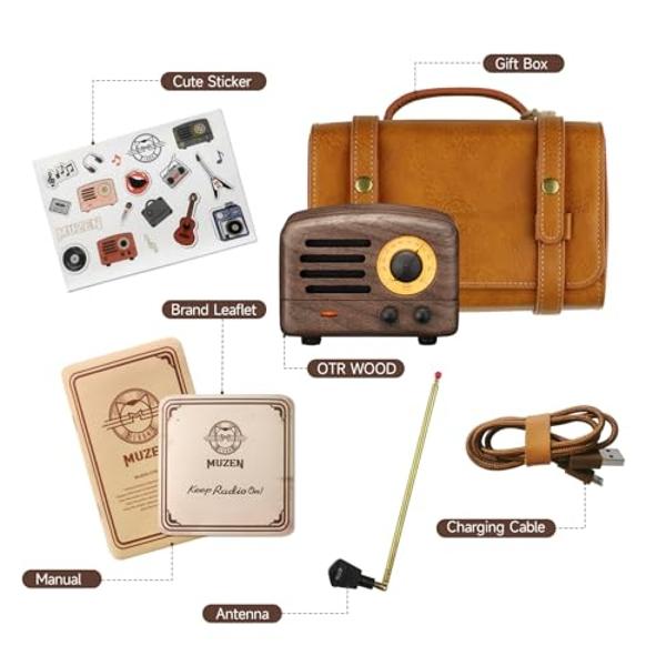 Muzen Portable Bluetooth Speaker, OTR Wood Vintage Small Wireless Speaker, FM Radio with Antenna AUX, 10h+ Long Playtime, High Fidelity Stereo Audio with Suitcase, for Gift Home Pi
