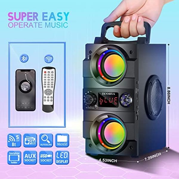 TENMIYA 40W(60W Peak) Portable Bluetooth Speakers with Subwoofer Wireless Stereo Rich Bass Boombox with LED Lights Outdoor Home Party Speakers Support FM Radio Remote Control AUX E