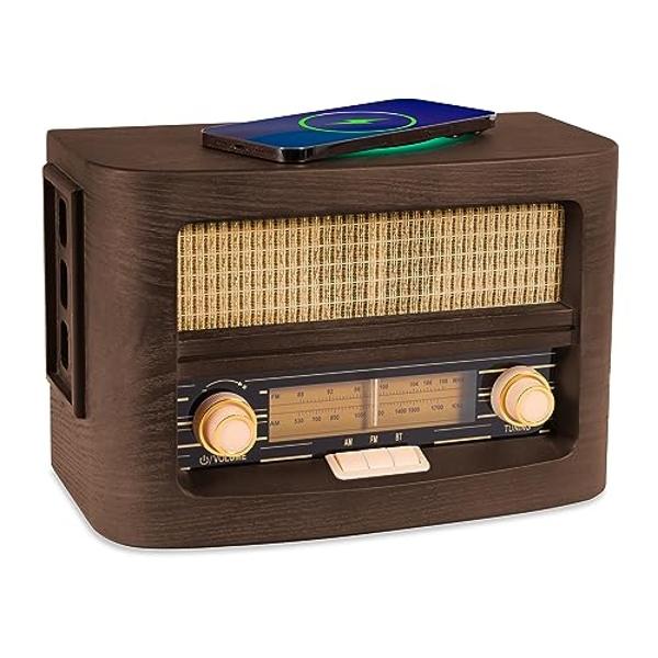 Fuse Vint Vintage Wood Retro Radio | Wireless Charging Pad | AM/FM Radio Speaker with Bluetooth & AUX Input | Mid Century Modern Style | Real Handcrafted Ashtree Wood Exterior