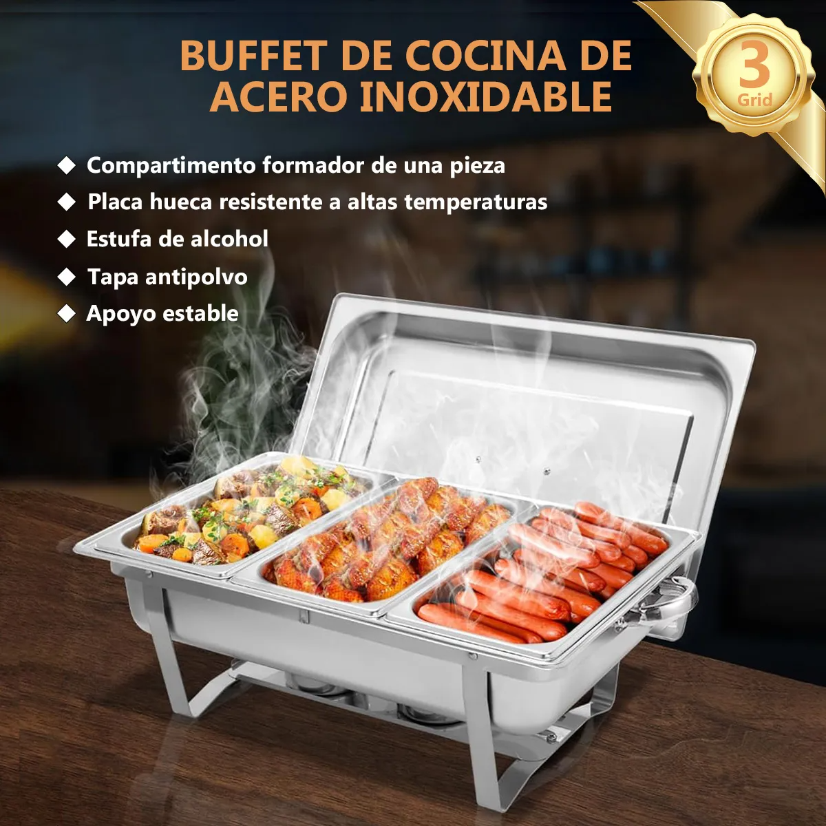 Chafer Bufetera 3 Espacios De Acero Inoxidable Para Chef 9l