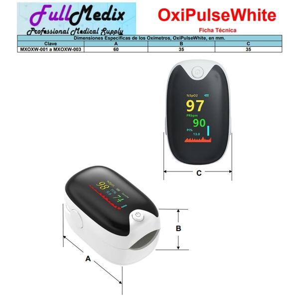Oxímetros con rango de medición MXOXW-001-1 1 pza Blanco Rango de Medición 70porciento -99porciento Spo2 30BPM-240BPM mas menos 2BPM o mas menos 2porciento PR 2xAAA No Incluidas OxiPulseWhite