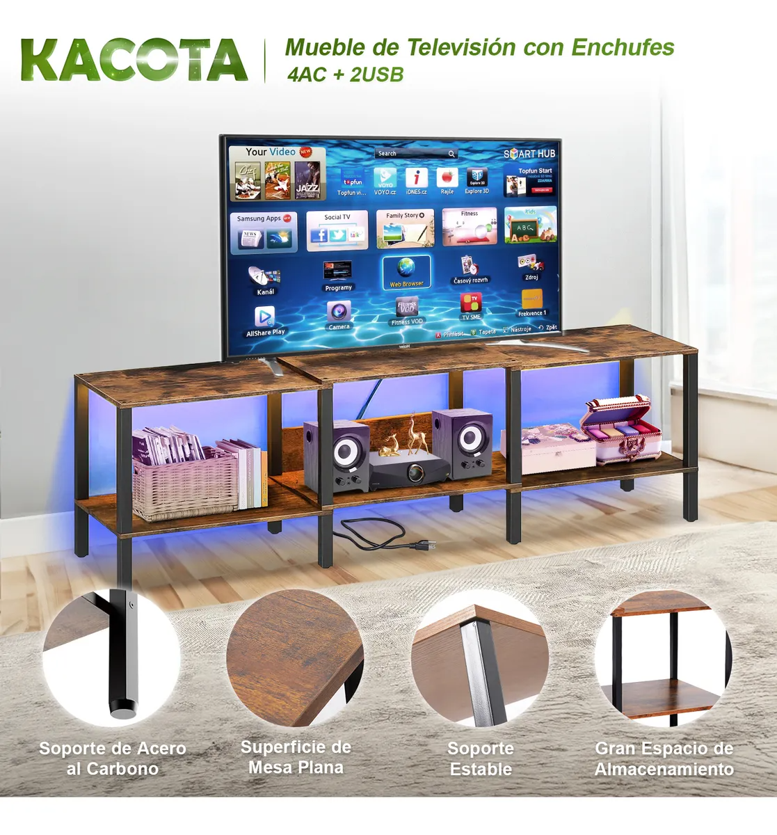 120 Cm Mueble Mesa Para Tv Con Enchufe Eléctrico Y Rgb Led