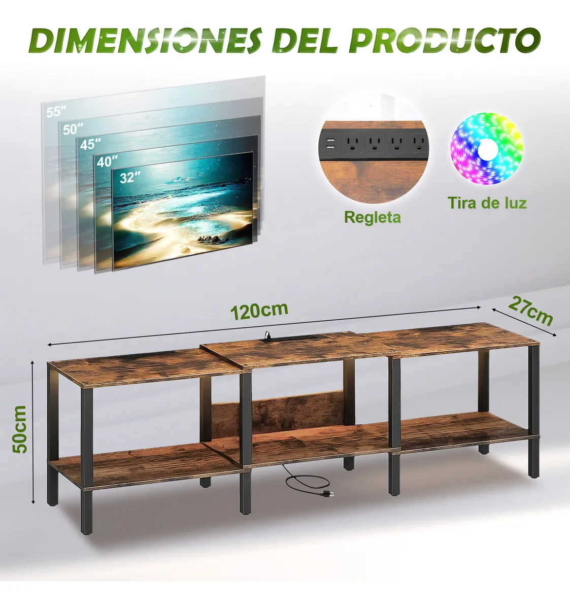 120 Cm Mueble Mesa Para Tv Con Enchufe Eléctrico Y Rgb Led