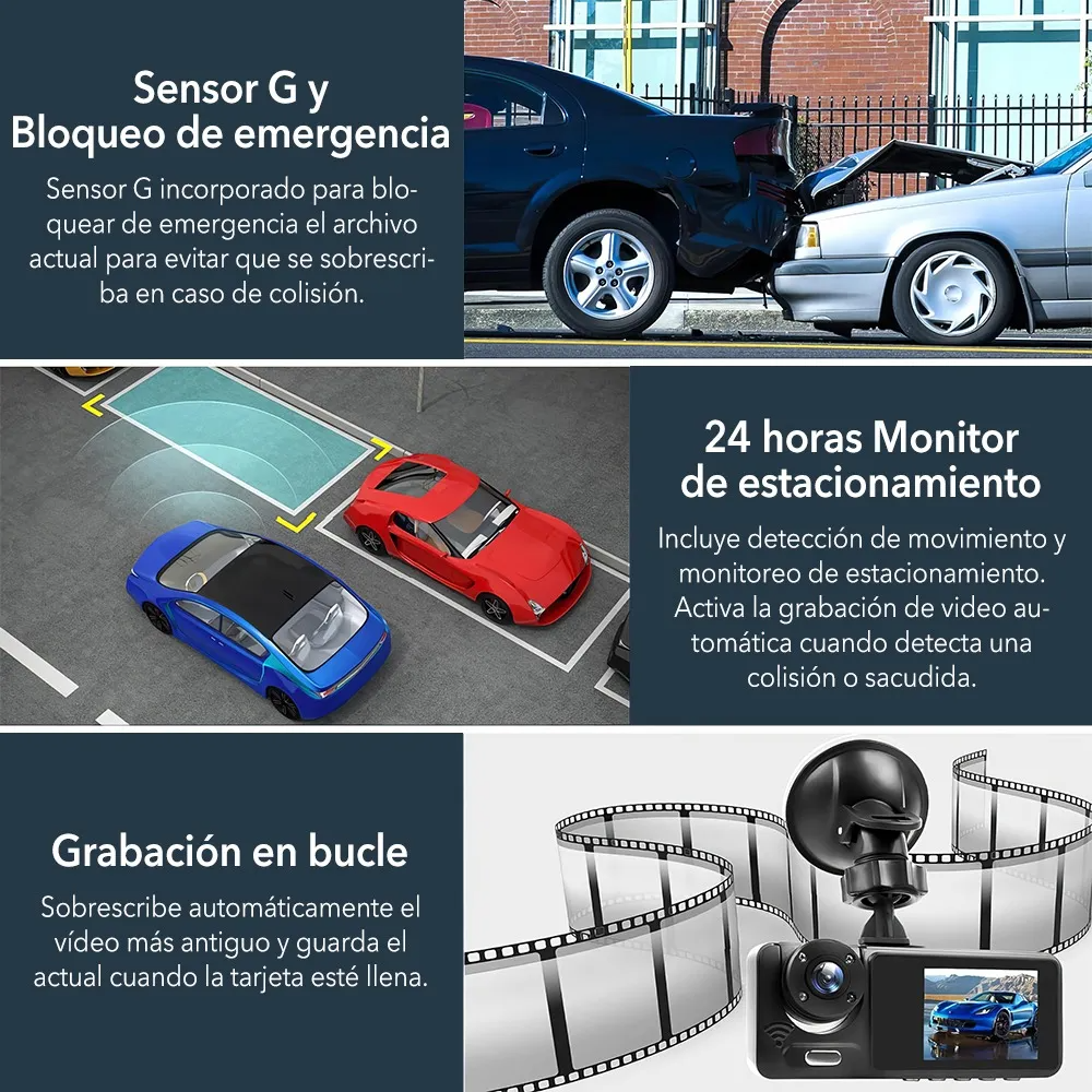 Camara Para Auto De 3 Lente Con Wifi Hd 1080p Dashcam