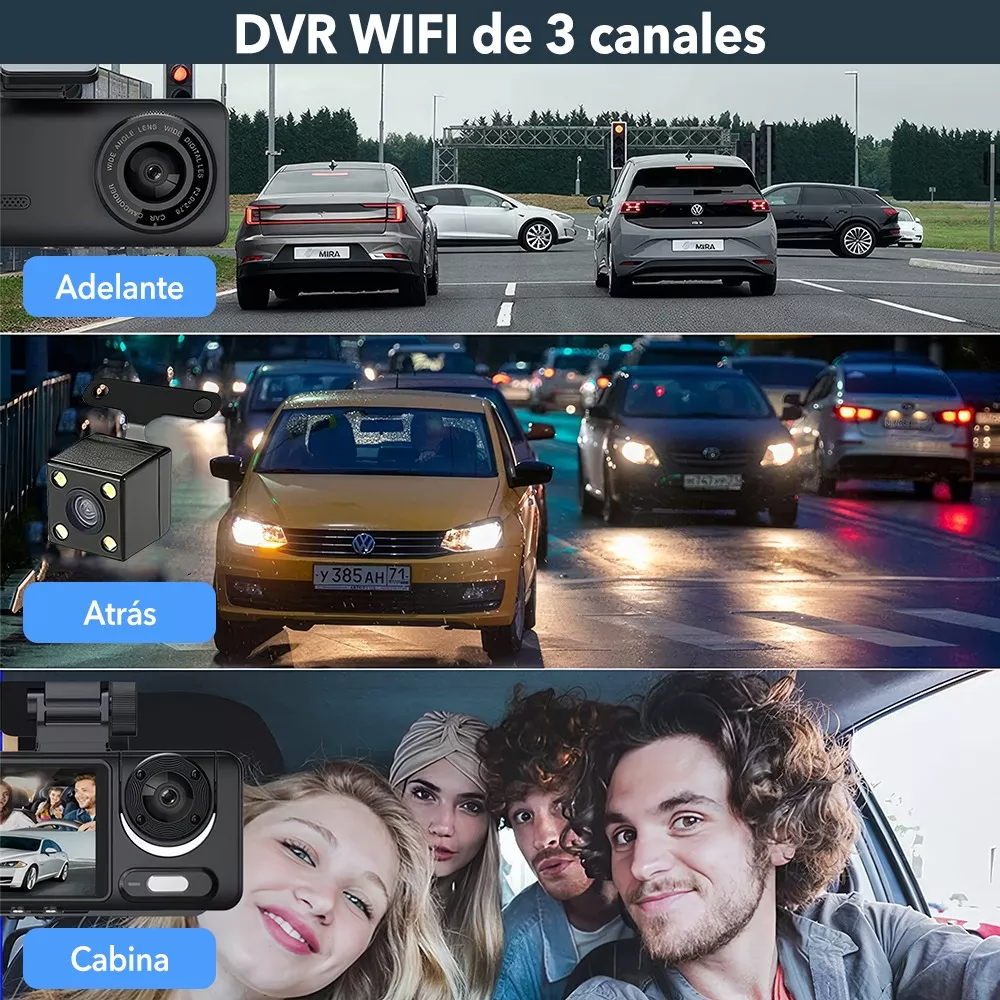 Camara Para Auto De 3 Lente Con Wifi Hd 1080p Dashcam
