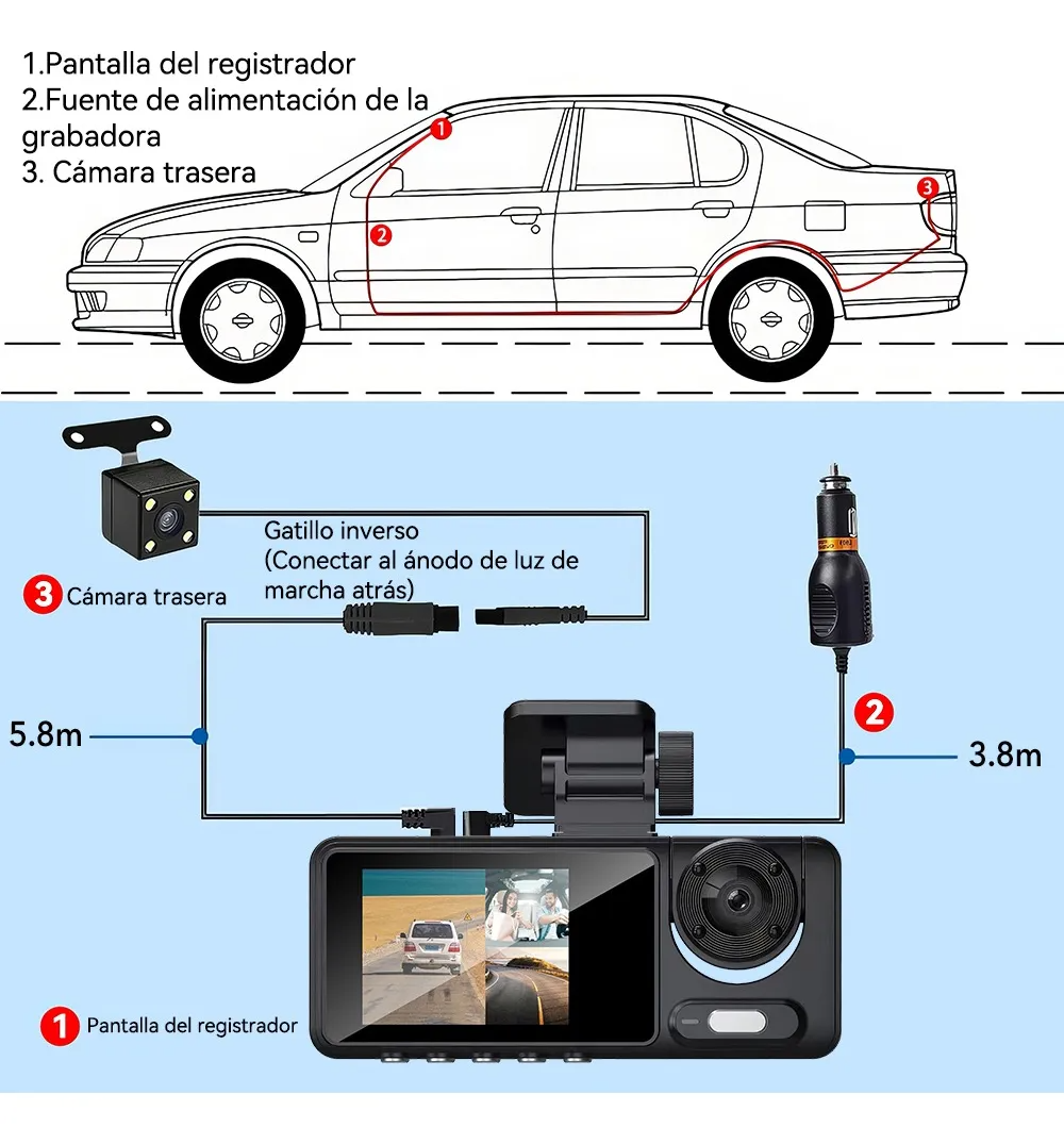 Camara Para Auto De 3 Lente Con Wifi Hd 1080p Dashcam