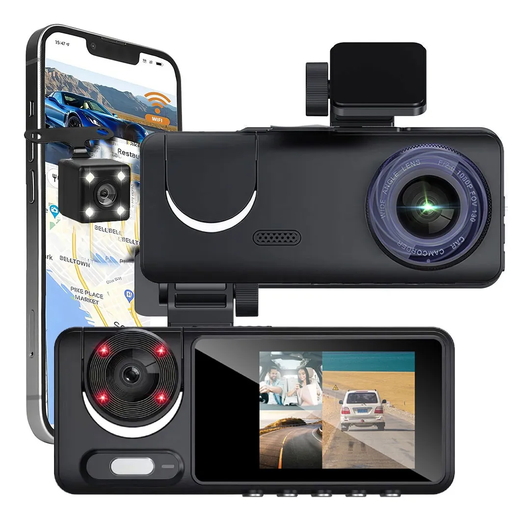 Camara Para Auto De 3 Lente Con Wifi Hd 1080p Dashcam