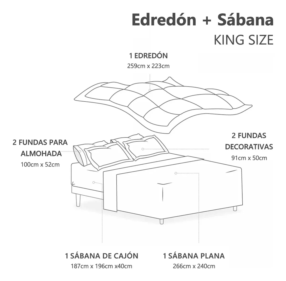 Set De 7 Piezas Edredón King Size Con 4 Fundas De Almohada, Sabana Y Funda De Colchón Gris.