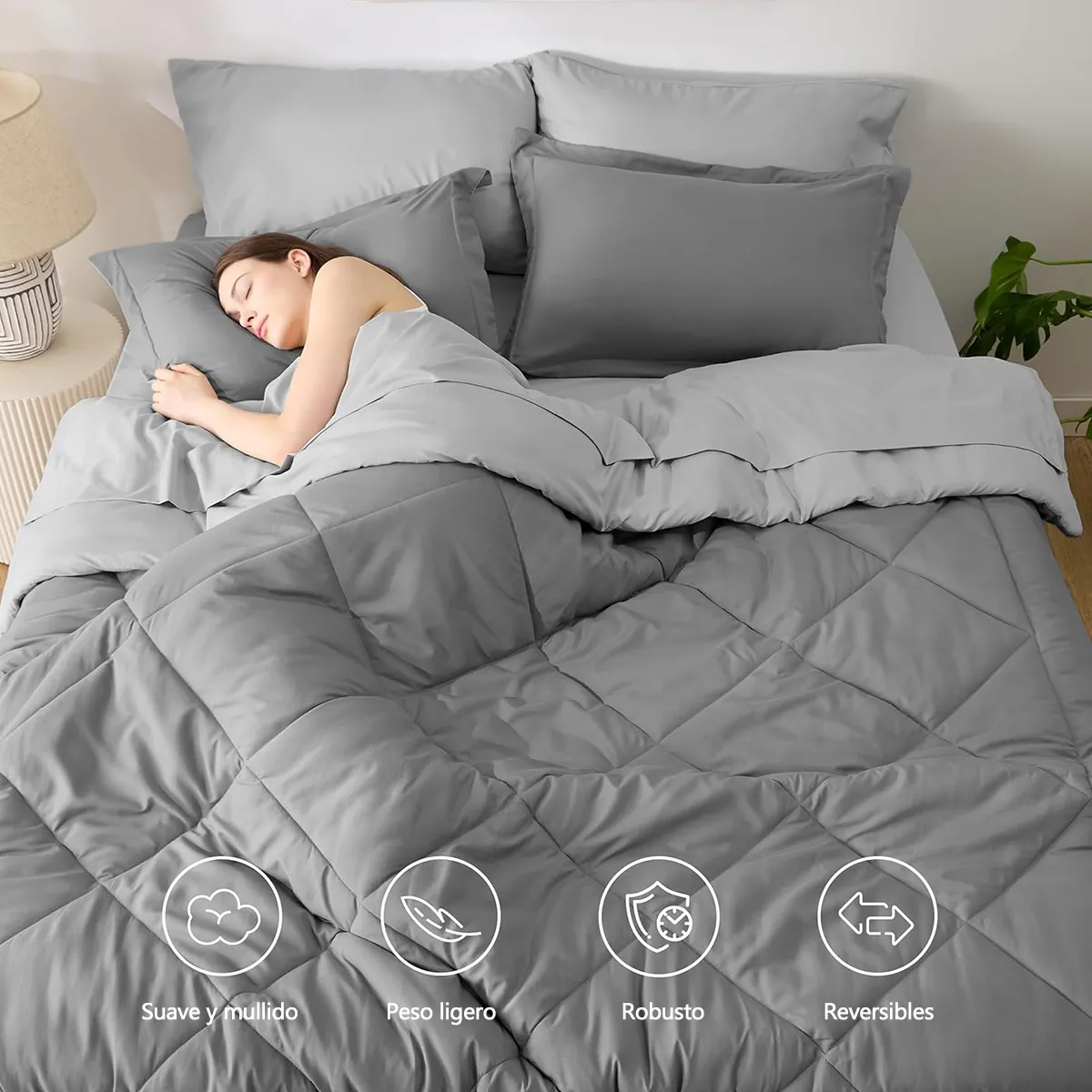 Set De 7 Piezas Edredón King Size Con 4 Fundas De Almohada, Sabana Y Funda De Colchón Gris.