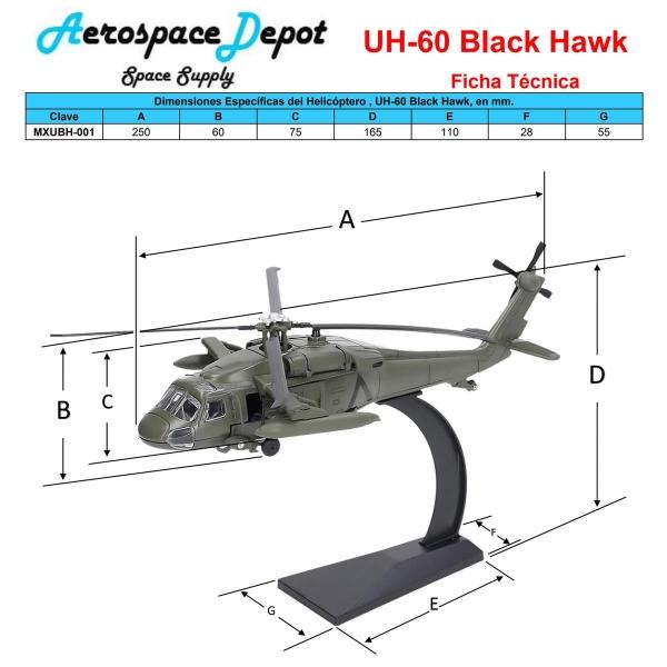 Helicóptero Black Hawk , MXUBH-001, UH-60 Black Hawk, 1:72, 25x16.5x7.5cm, Luz y sonido, Metal/Plástico, Base Plástico, Verde.