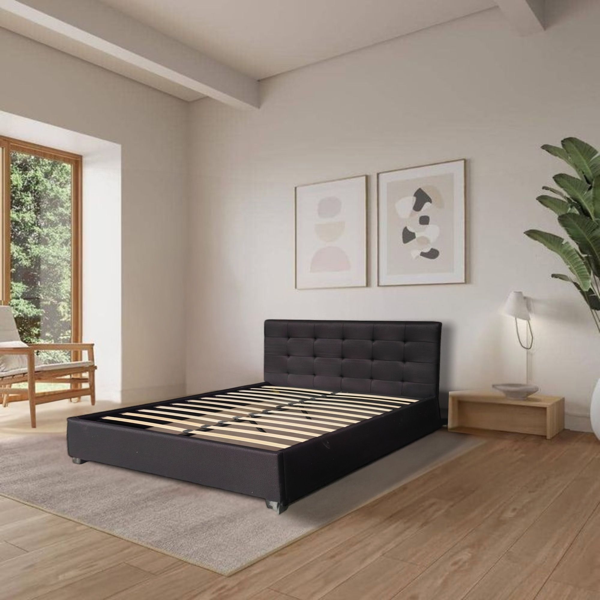 Ilios Innova | Base Cama Matrimonia Negra con Cabecera Acolchada de Lino y Patas de Madera