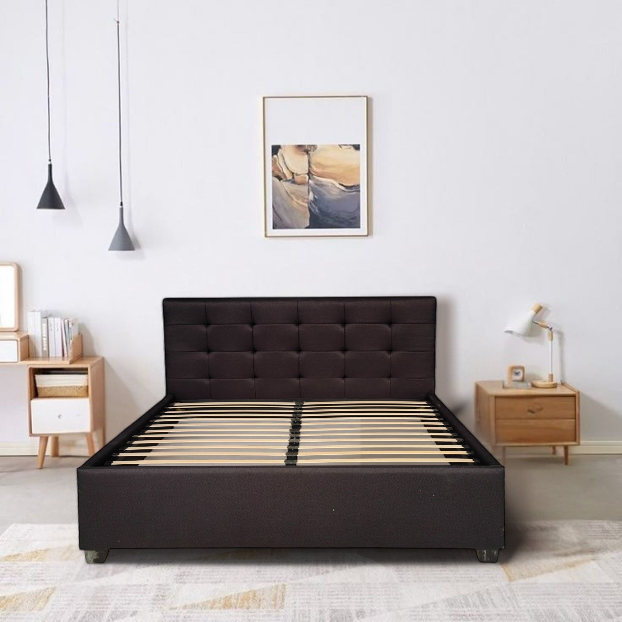 Ilios Innova | Base Cama Matrimonia Negra con Cabecera Acolchada de Lino y Patas de Madera