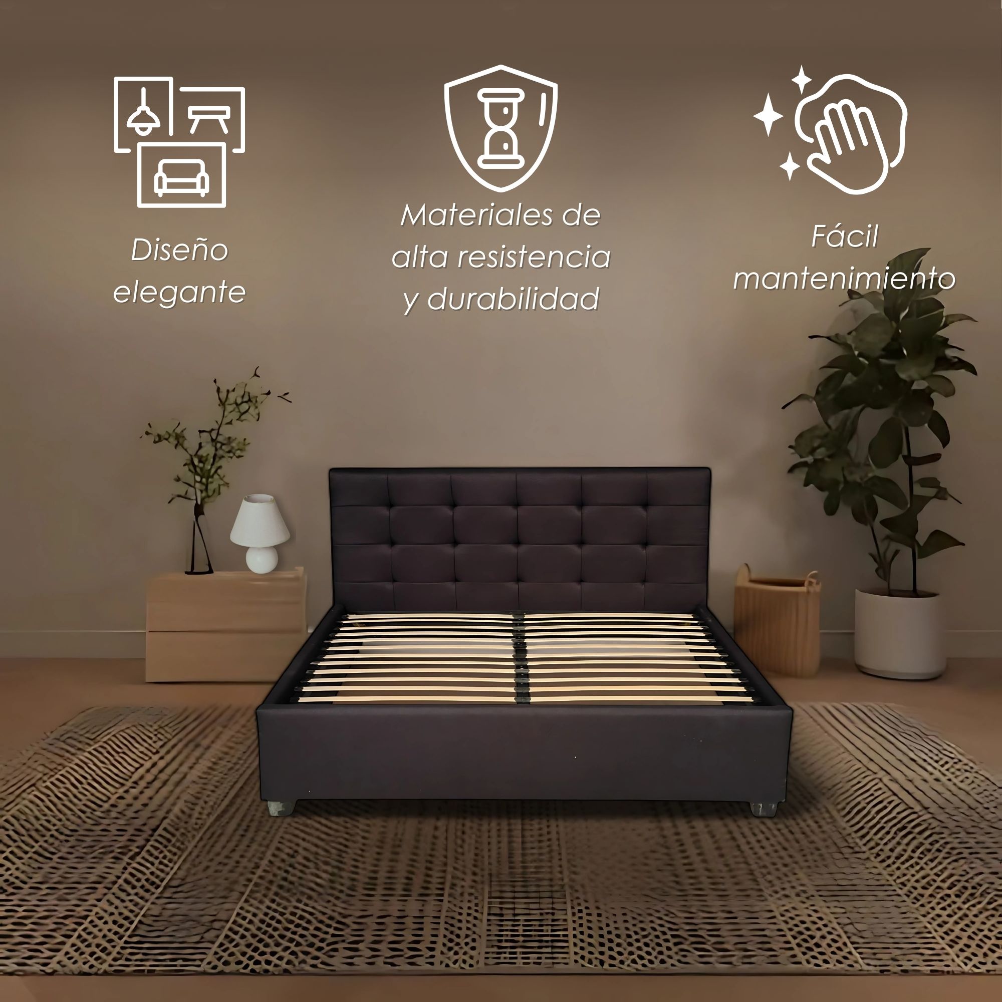 Ilios Innova | Base Cama Matrimonia Negra con Cabecera Acolchada de Lino y Patas de Madera