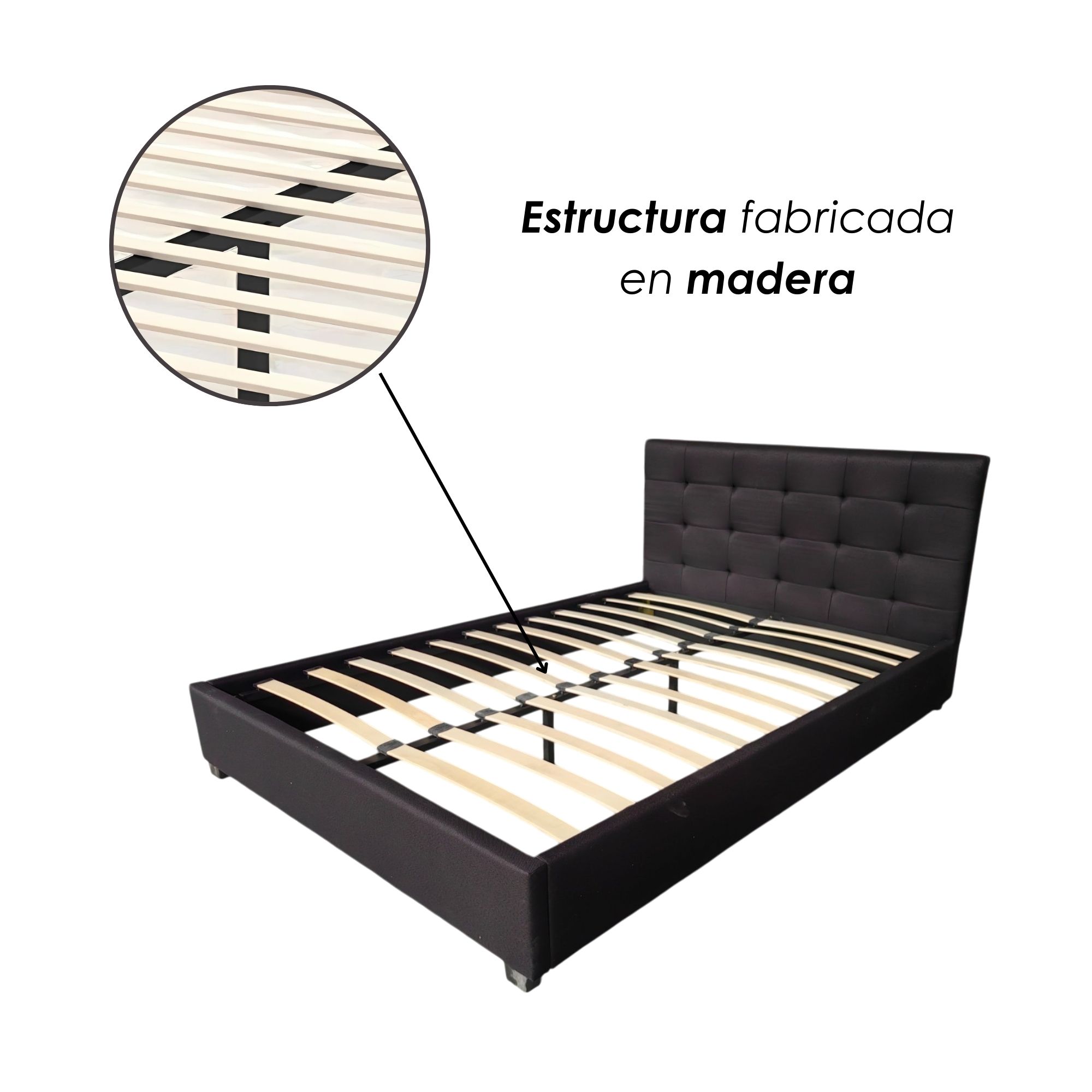 Ilios Innova | Base Cama Matrimonia Negra con Cabecera Acolchada de Lino y Patas de Madera