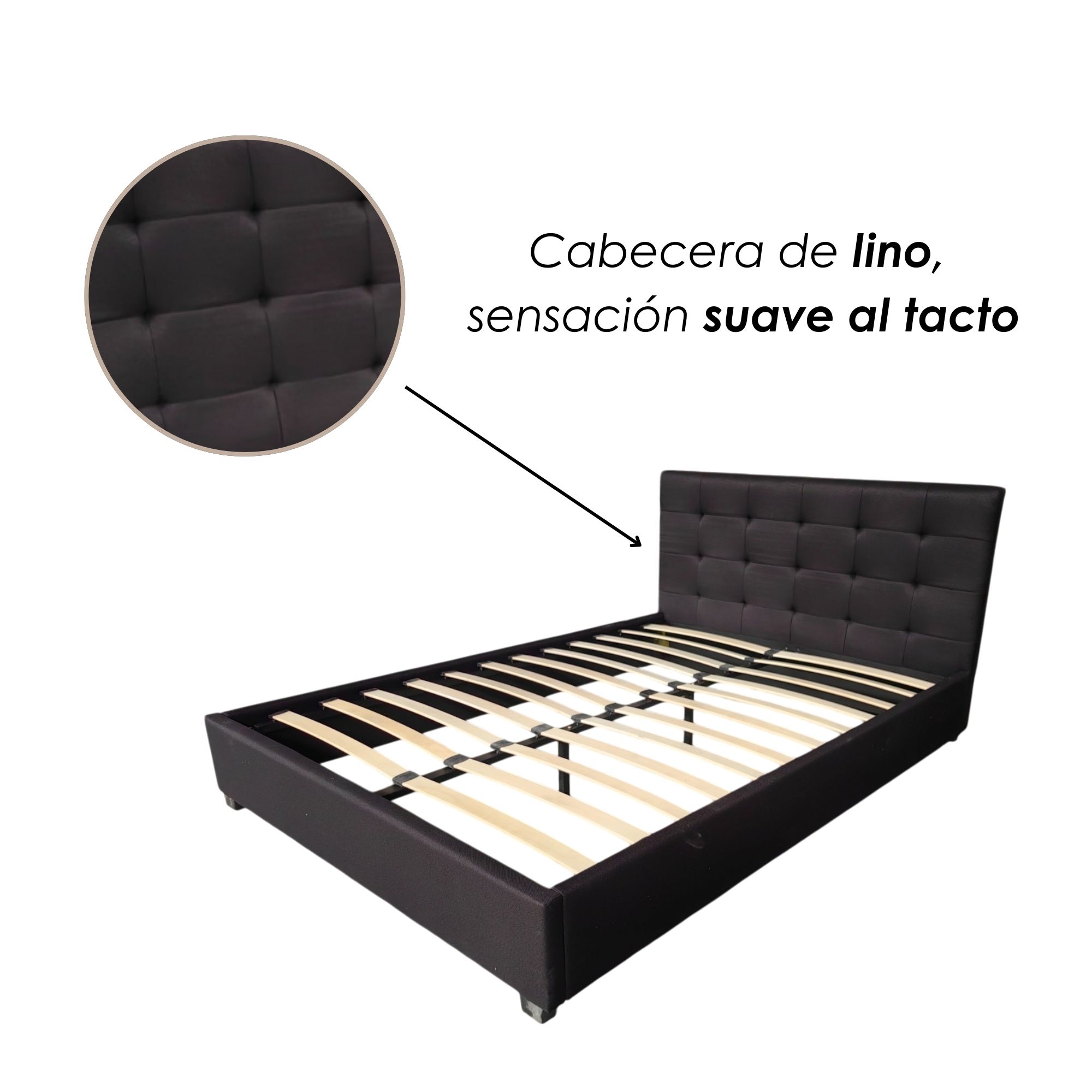 Ilios Innova | Base Cama Matrimonia Negra con Cabecera Acolchada de Lino y Patas de Madera