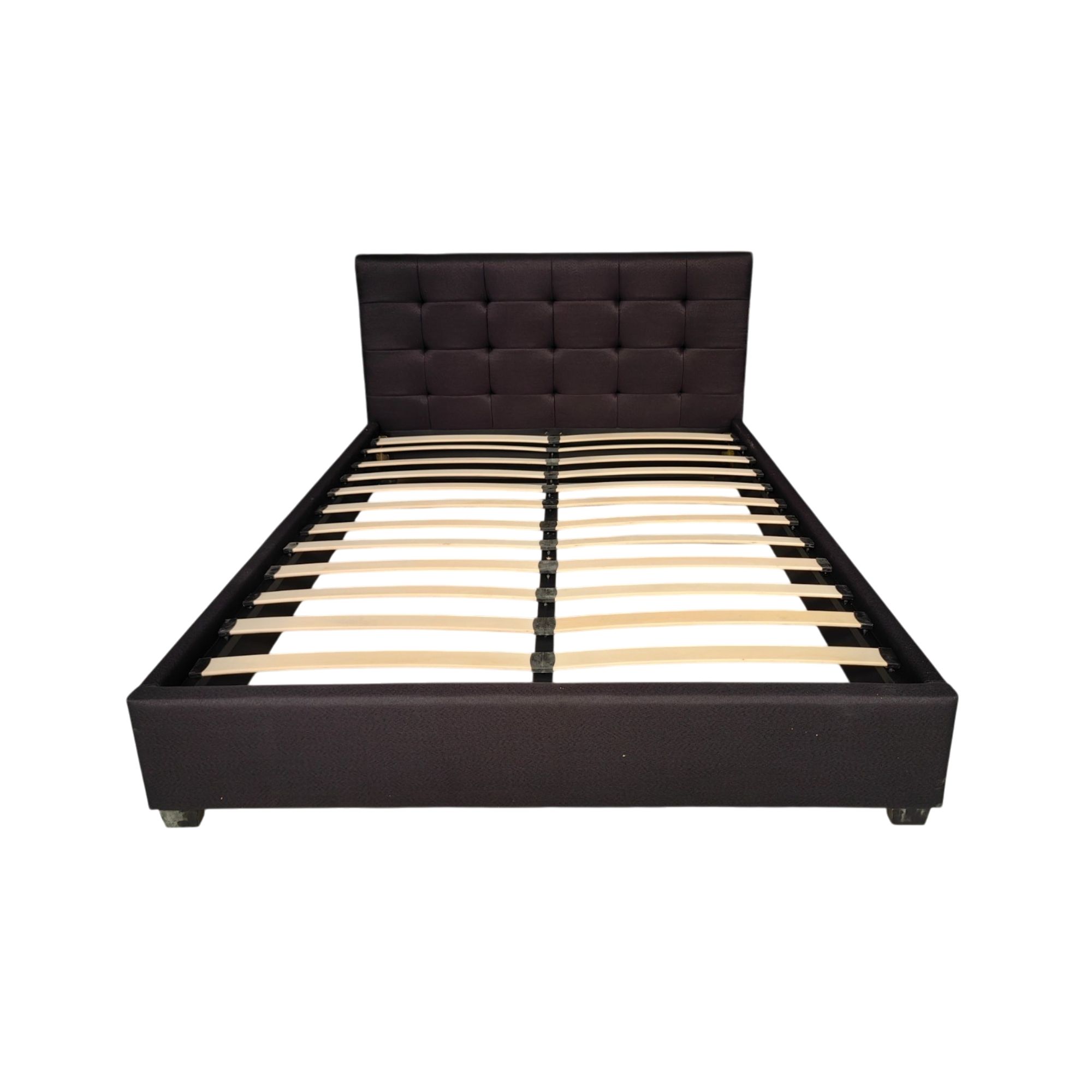 Ilios Innova | Base Cama Matrimonia Negra con Cabecera Acolchada de Lino y Patas de Madera