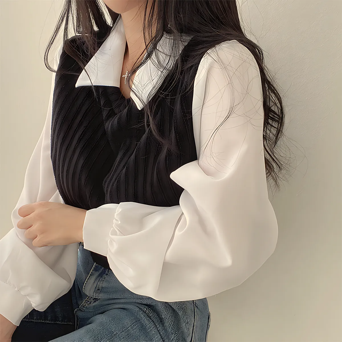 2pc Blusa Blanca Y Negra De Mujer, Camisa Informal De Calle TALLA S
