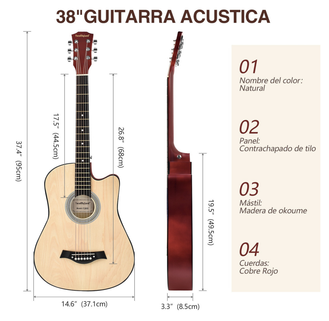 Guitarra Acústica Clasica 38 Inch Con Funda Y Accesorios