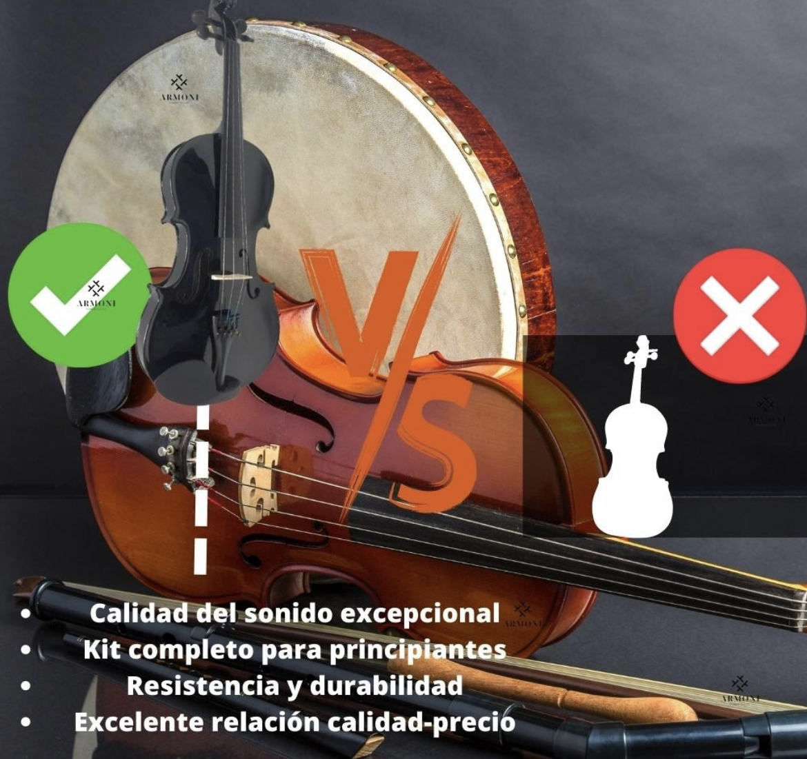 Violín 4/4 Acústico Armoni Color Negro, Cuerpo de Abeto, Diapasón de Madera, Incluye Arco de Palo de Rosa