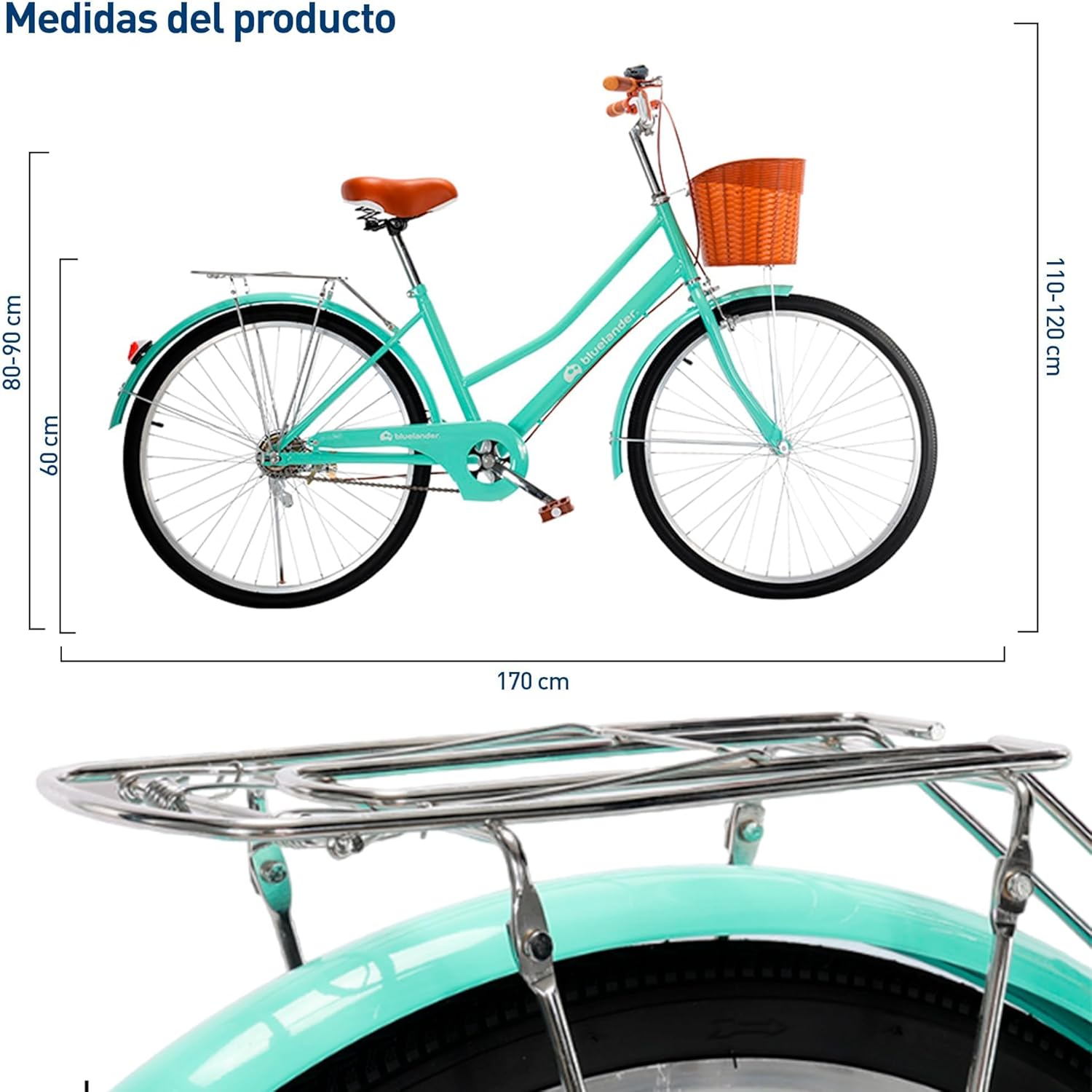 Bicicleta Urbana Rodada 29 con Canasta, Diseño Clásico Vintage, Turquesa Bluelander 