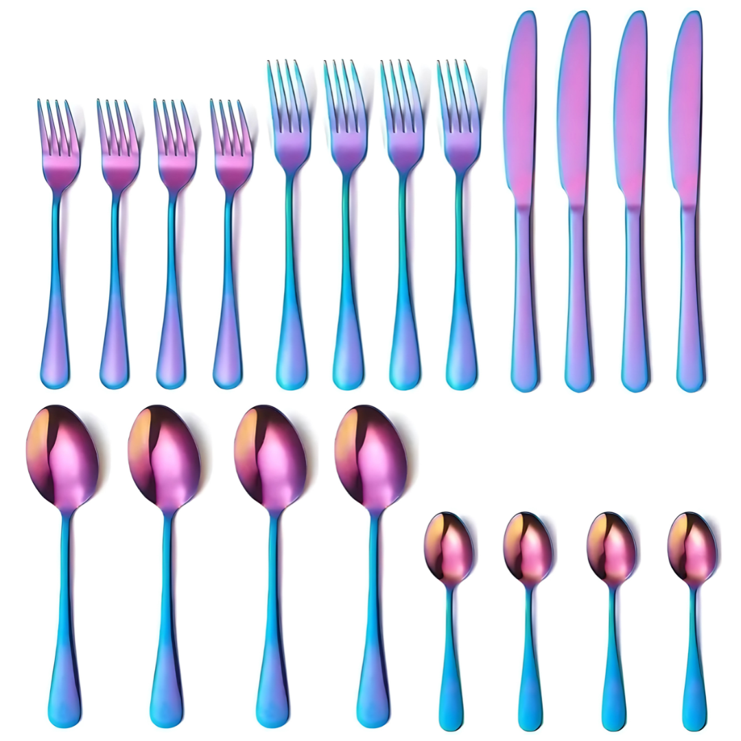 Juego de Cubiertos de Acero Inoxidable 20 Piezas - Colorido, Elegancia y Durabilidad para tu Mesa