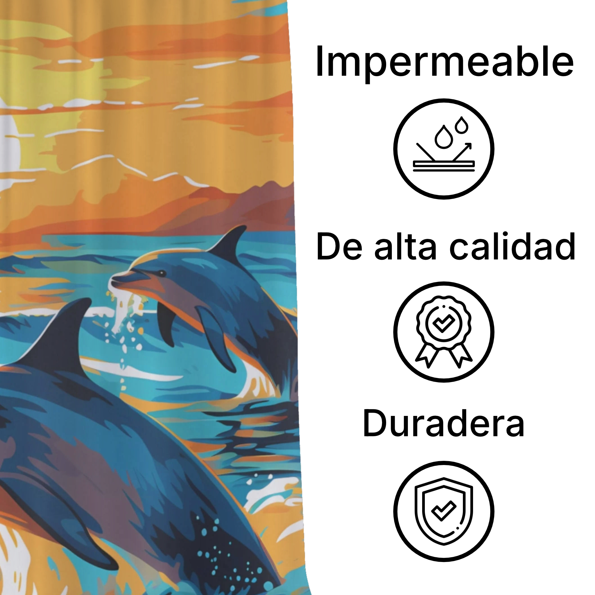 Cortina de Baño Impermeable Grande con Diseño de Delfines al Atardecer  para Regadera