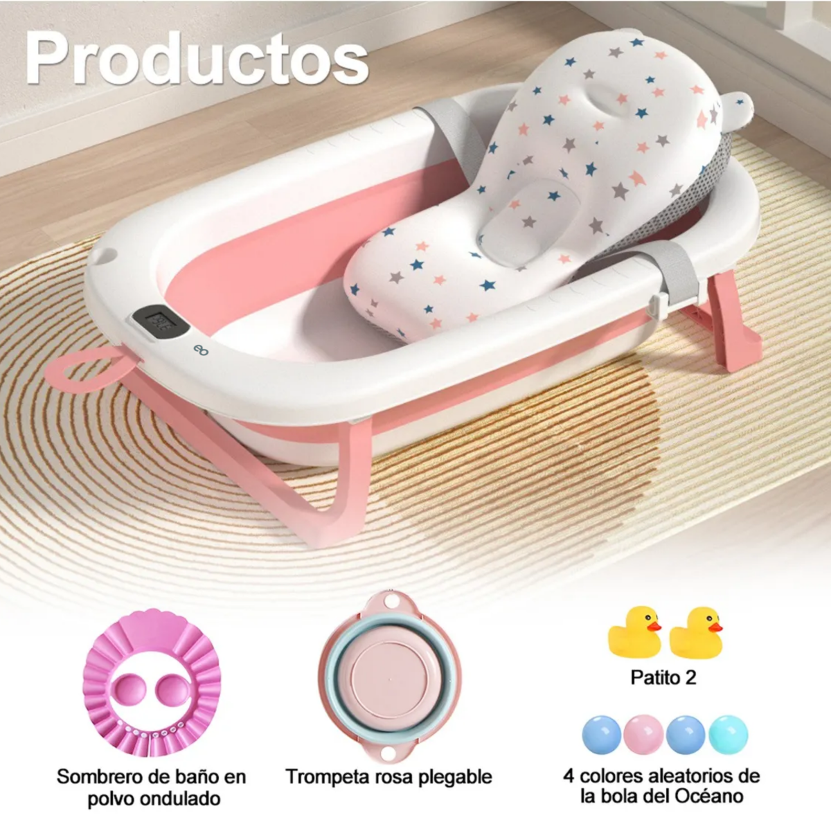 Bañera Bebe Plegable Portatil Tina Con Cojin Y Termometro Rosa