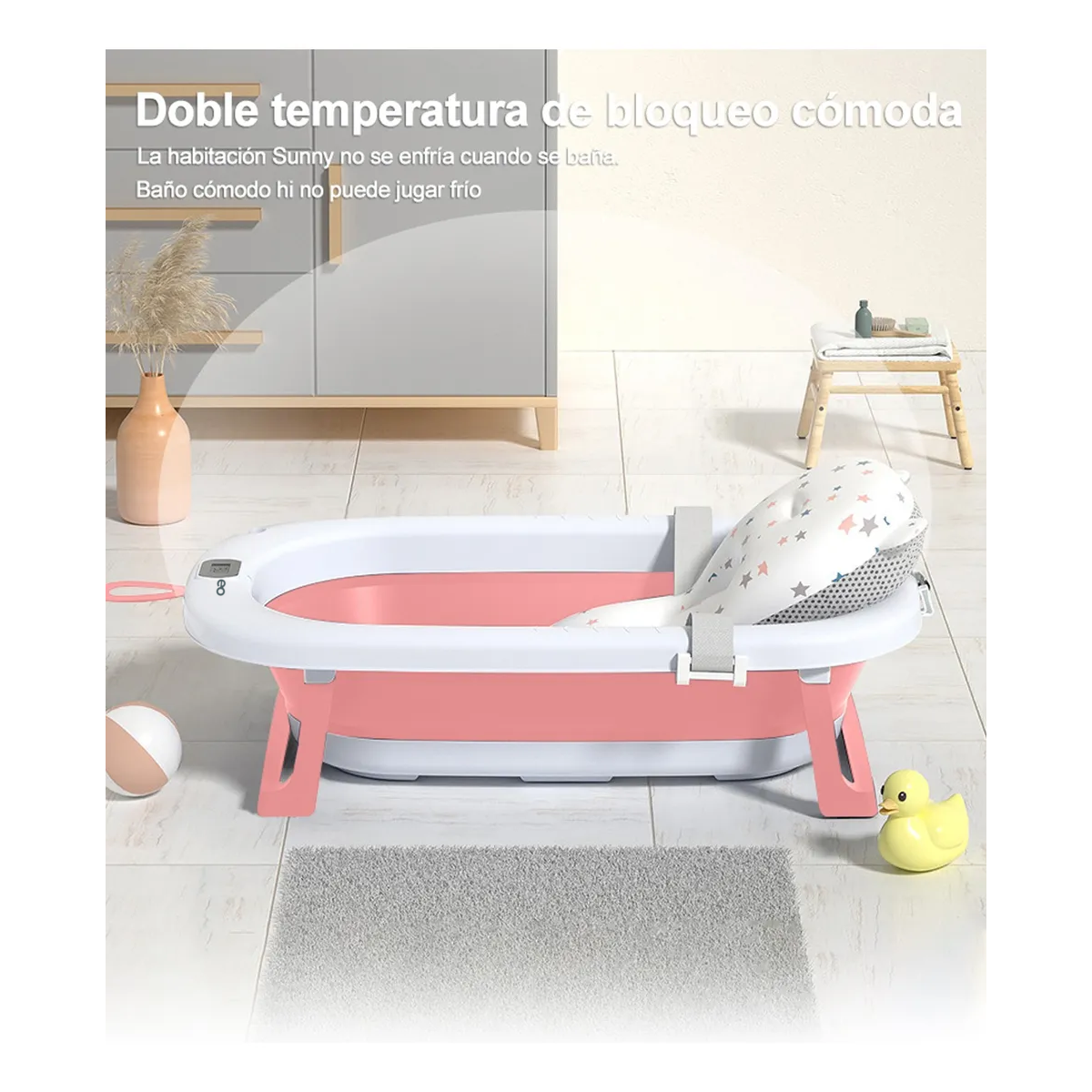 Bañera Bebe Plegable Portatil Tina Con Cojin Y Termometro Rosa