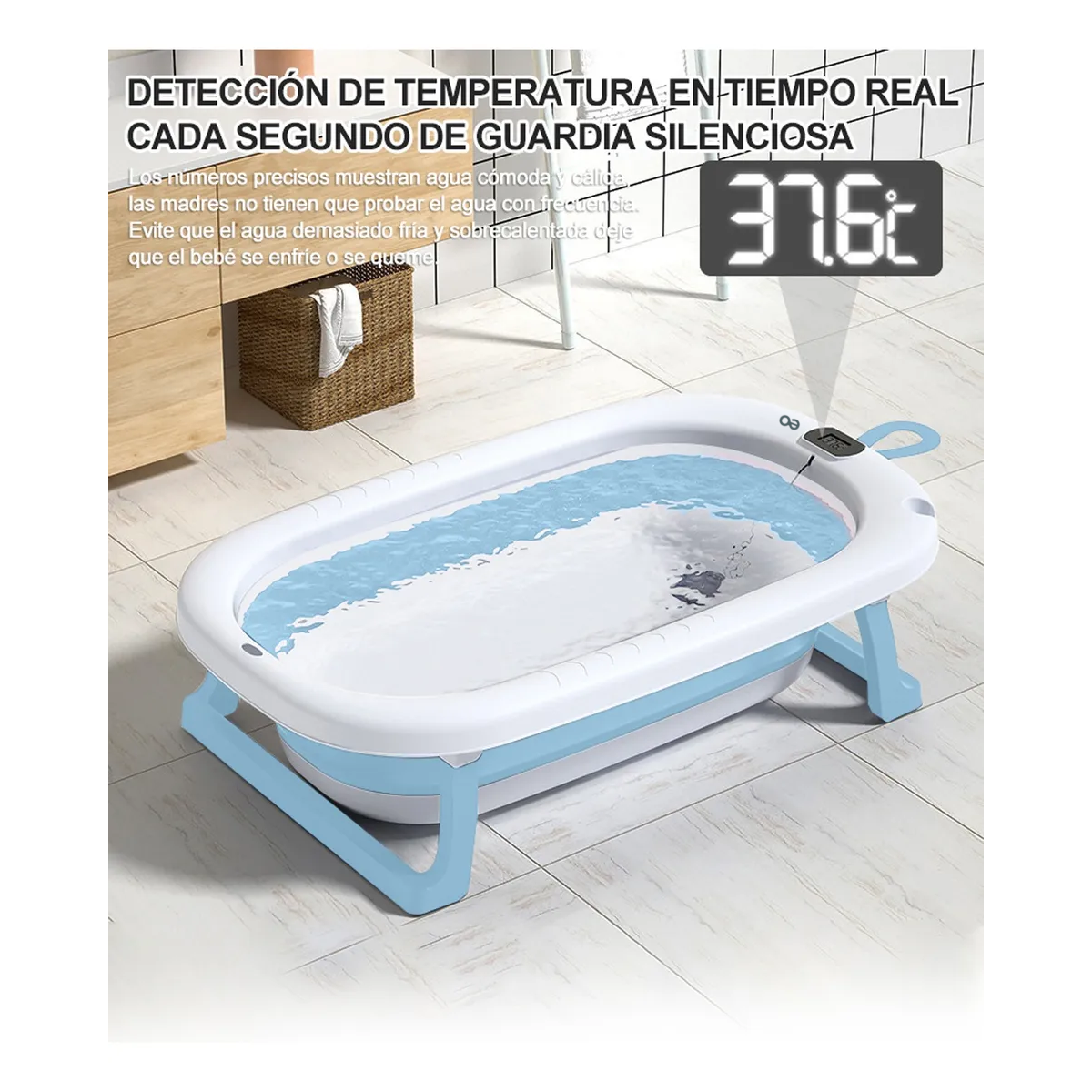 Bañera Bebe Plegable Portatil Tina Con Cojin Termometro Azul