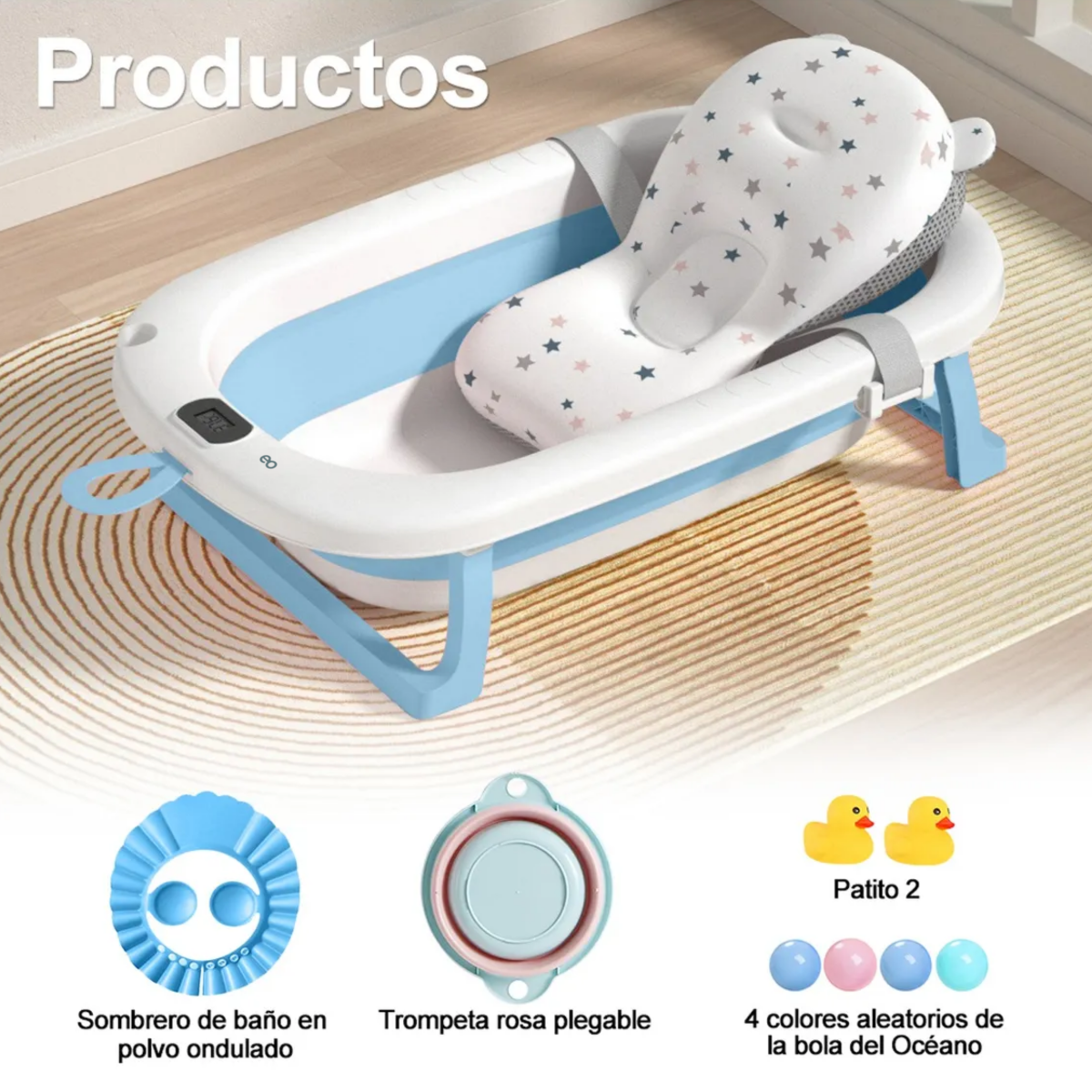 Bañera Bebe Plegable Portatil Tina Con Cojin Termometro Azul