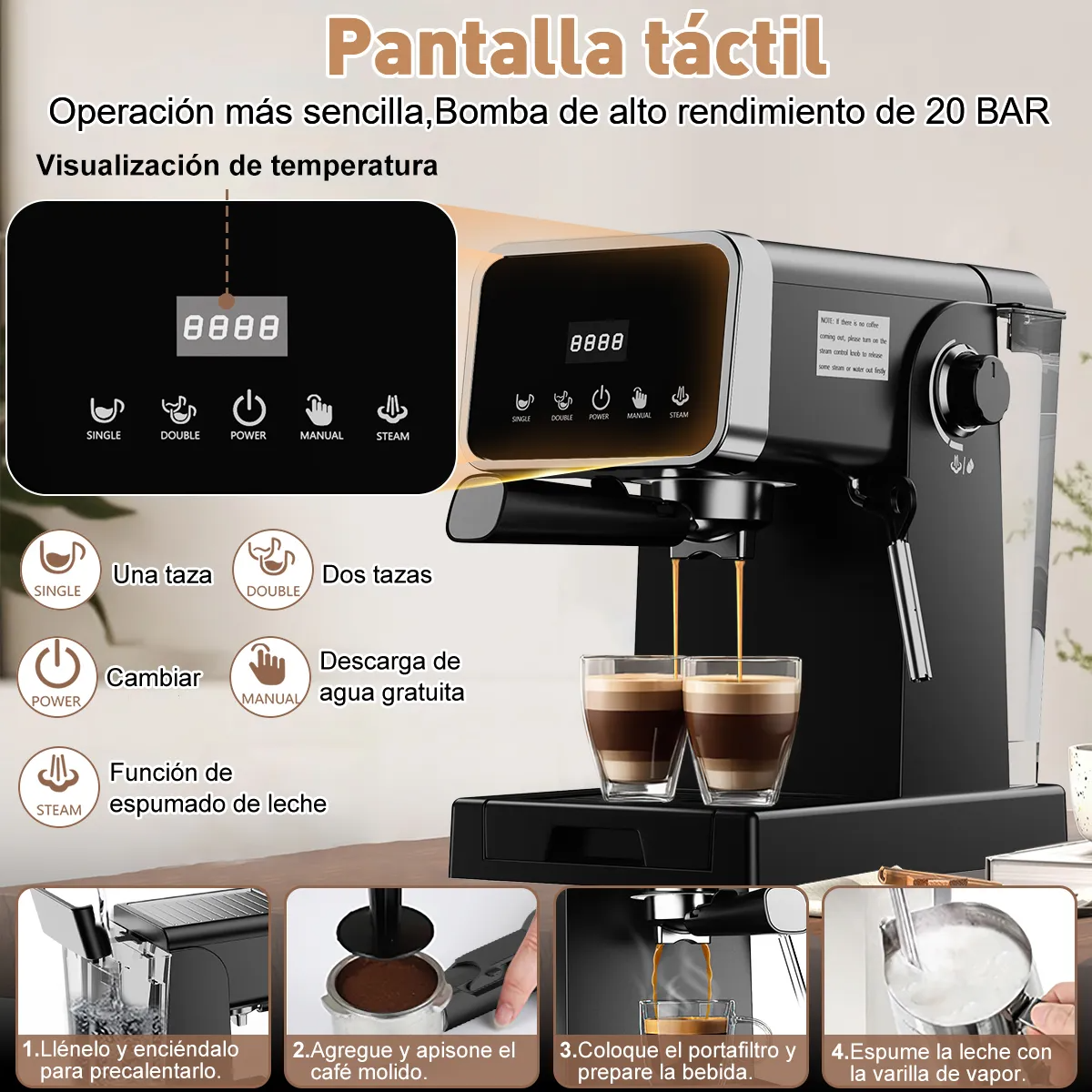 Cafetera Espresso Capuchino Espumador De Leche 1050w 20 Bare Color Negro