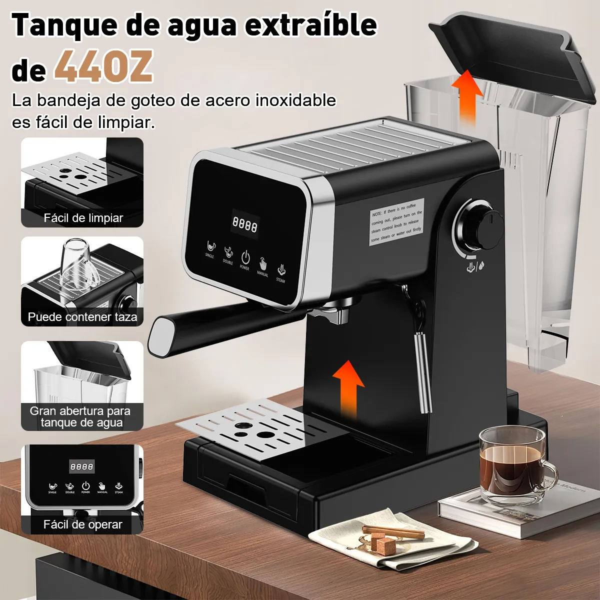 Cafetera Espresso Capuchino Espumador De Leche 1050w 20 Bare Color Negro