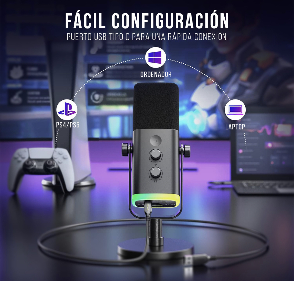 Micrófono dinámico Gamer Fifine Ampligame Am8 Xlr Rgb, color negro