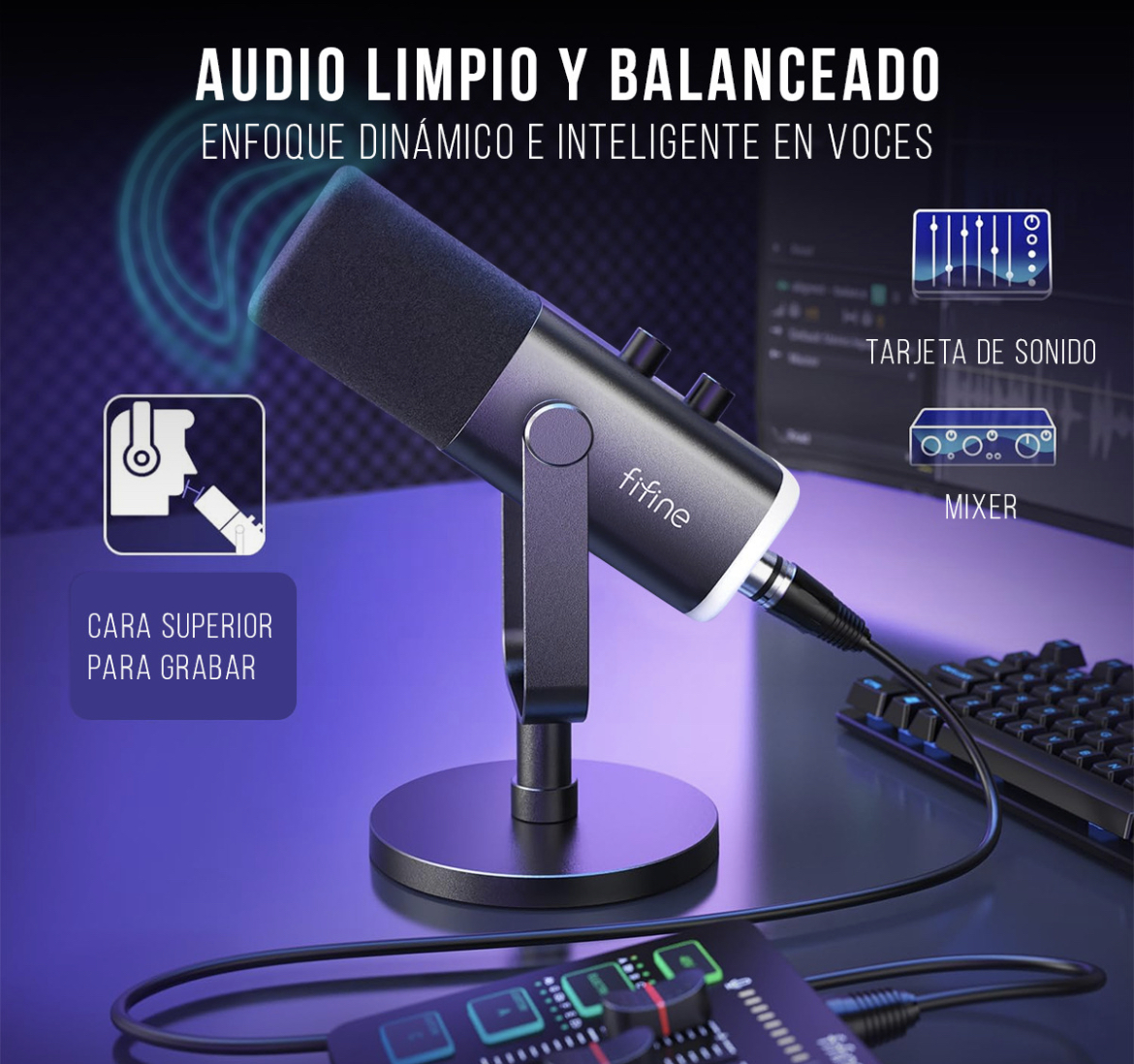 Micrófono dinámico Gamer Fifine Ampligame Am8 Xlr Rgb, color negro