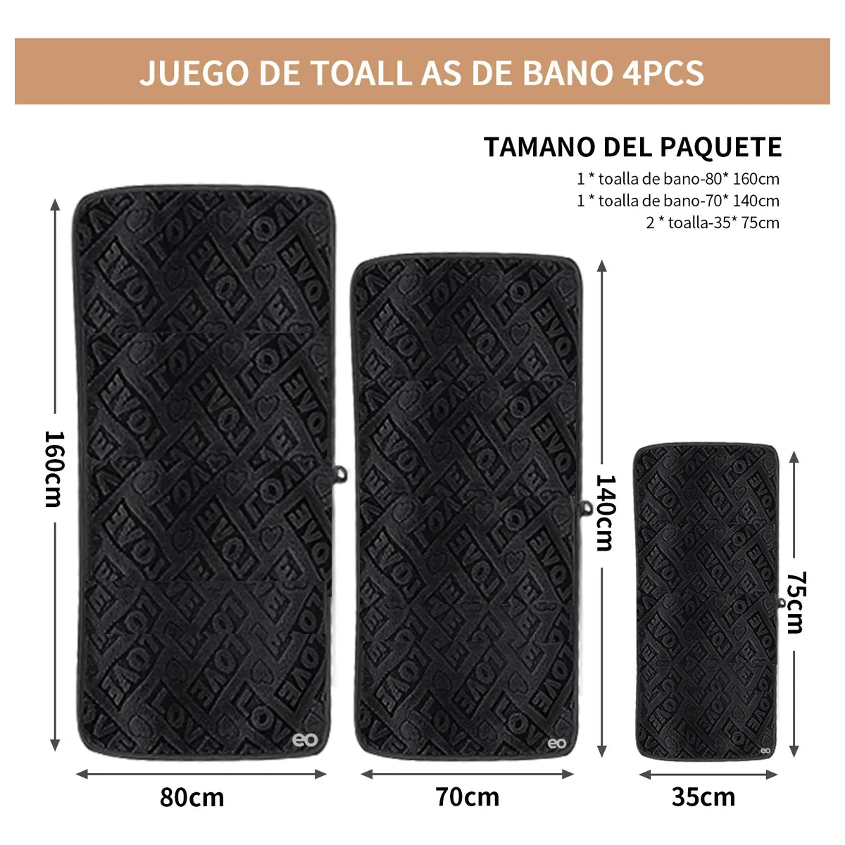 Juego 4 Piezas Toallas De Baño Completo Color Negro