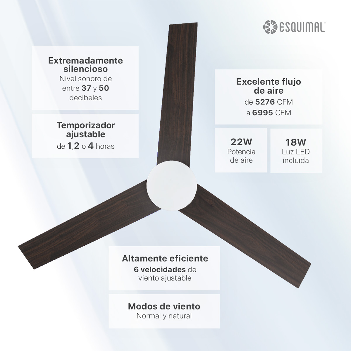 Ventilador de Techo con Lámpara 121.9cm Abanico con Doble Función para Techo Aspas de Madera Temporizador Negro ESQUIMAL