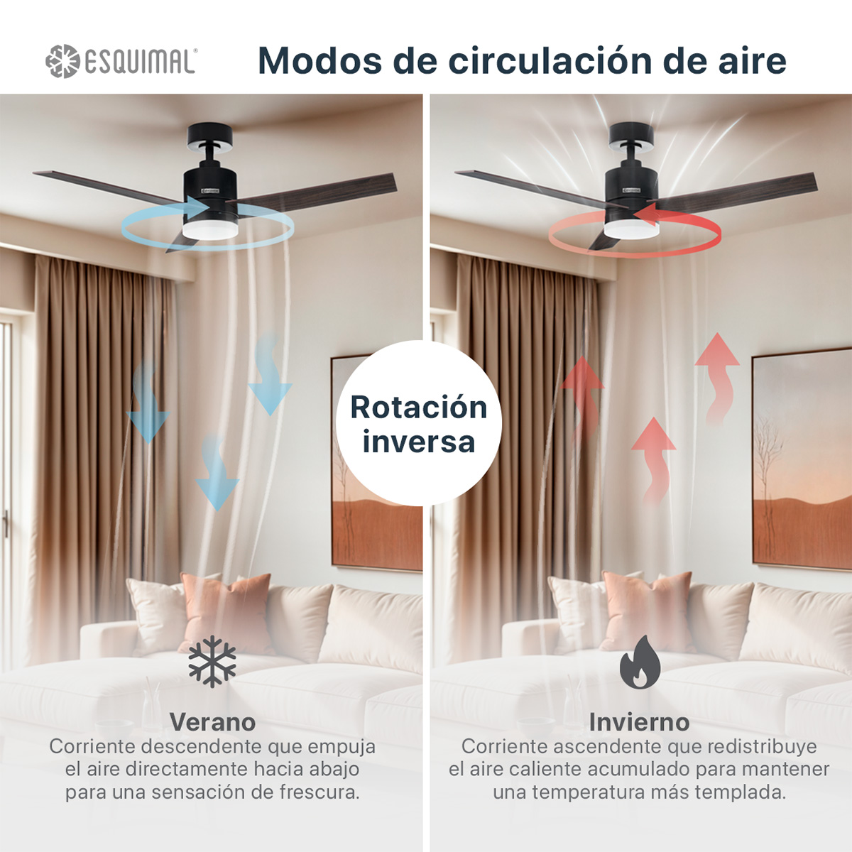 Ventilador de Techo con Lámpara 121.9cm Abanico con Doble Función para Techo Aspas de Madera Temporizador Negro ESQUIMAL