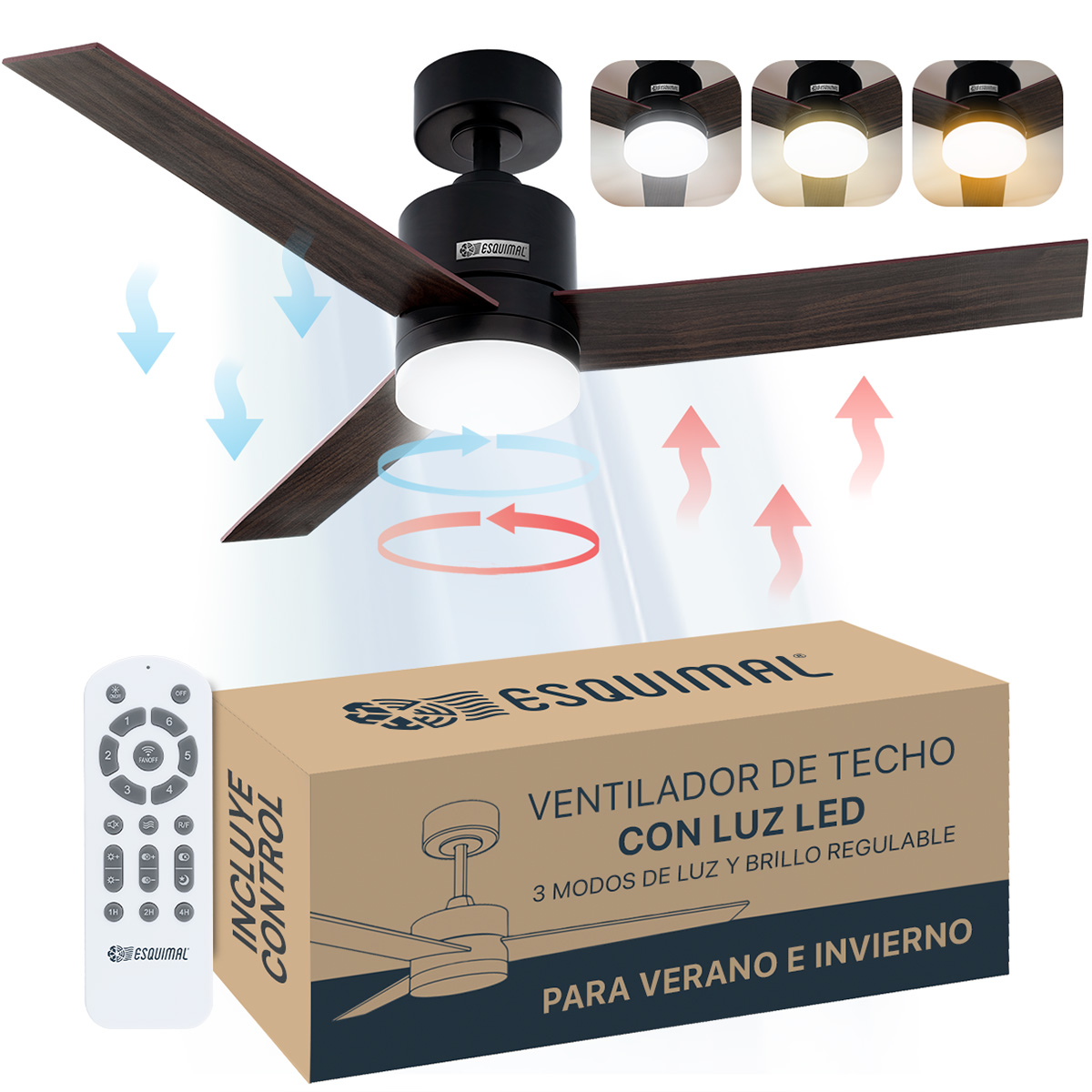 Ventilador de Techo con Lámpara 121.9cm Abanico con Doble Función para Techo Aspas de Madera Temporizador Negro ESQUIMAL