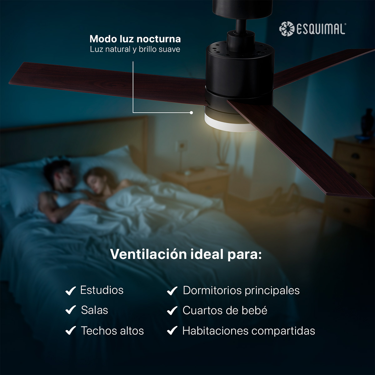 Ventilador de Techo con Lámpara 121.9cm Abanico con Doble Función para Techo Aspas de Madera Temporizador Negro ESQUIMAL