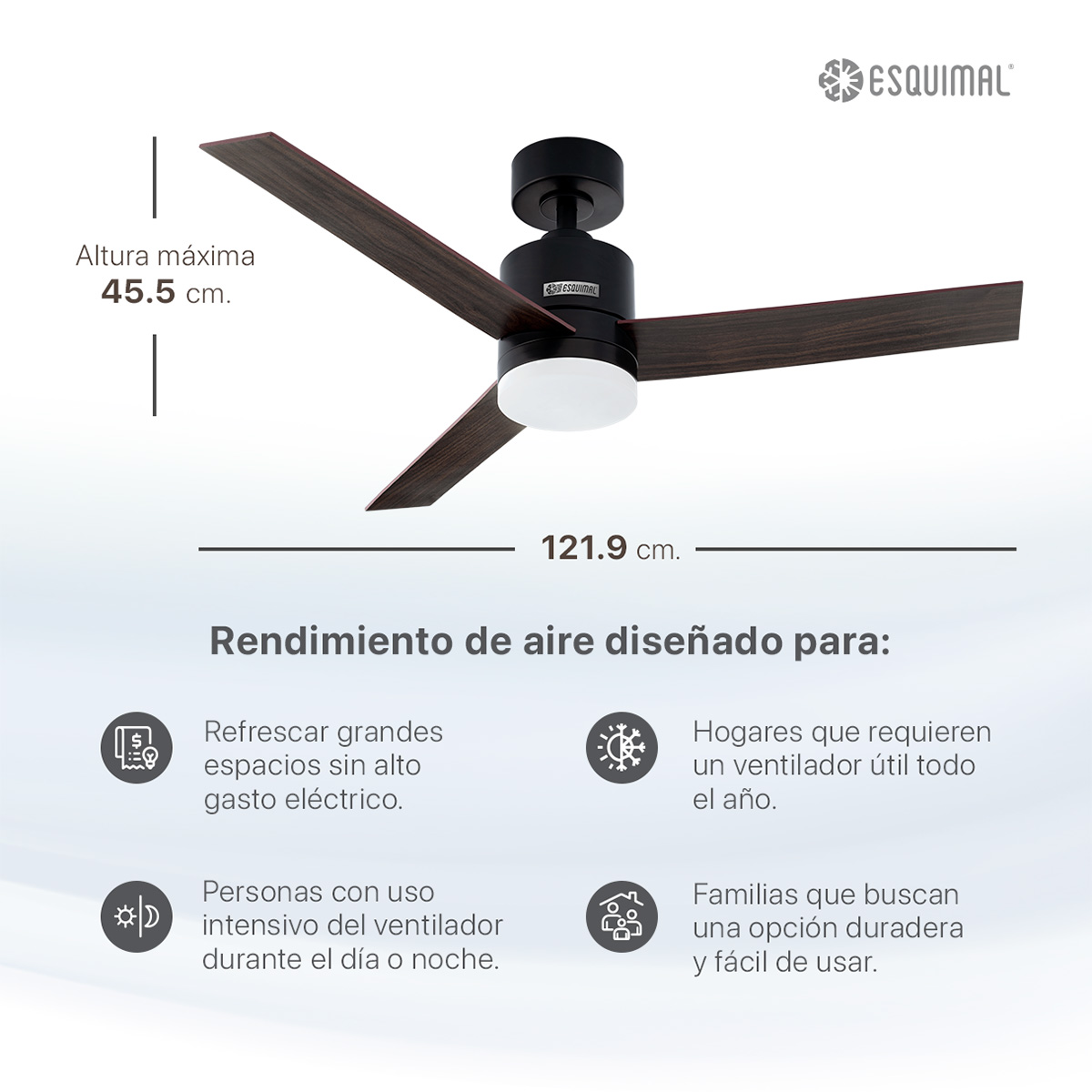Ventilador de Techo con Lámpara 121.9cm Abanico con Doble Función para Techo Aspas de Madera Temporizador Negro ESQUIMAL